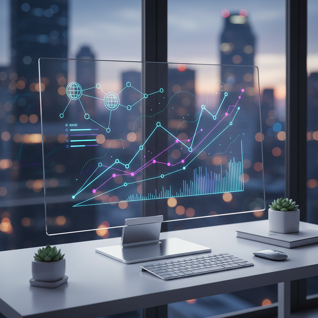 A sleek, futuristic dashboard displaying real-time SEO growth metrics and AI visibility trends.