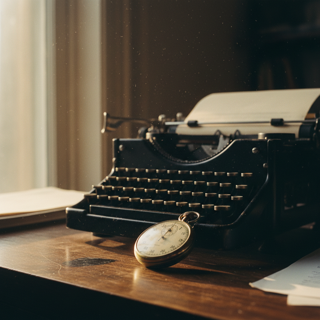 A vintage mechanical clock resting on a weathered wooden table next to a stack of fresh parchment paper.