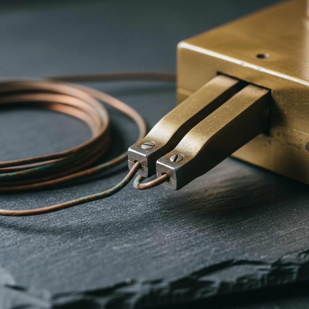 A detailed view of an old-fashioned telegraph machine with a coiled bronze wire.