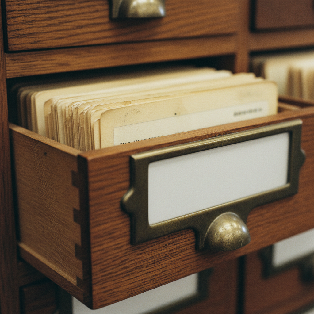 A neatly organized library card catalog drawer with several cards being rapidly flipped through.