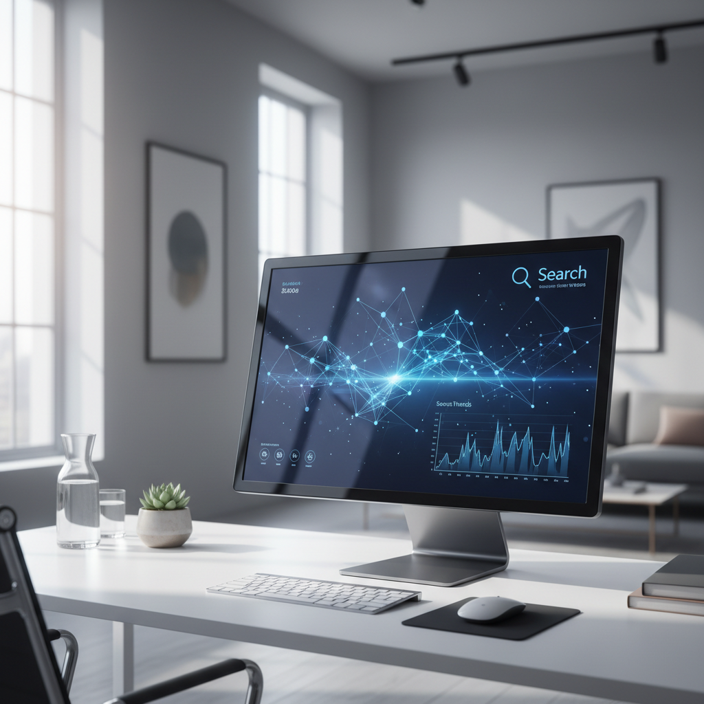 A futuristic digital dashboard showing real-time data flows between search engines and AI models with climbing growth charts.
