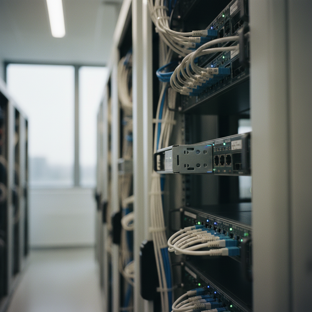 Close-up of a server rack with blinking lights, representing the backend of AI and search engine technology.