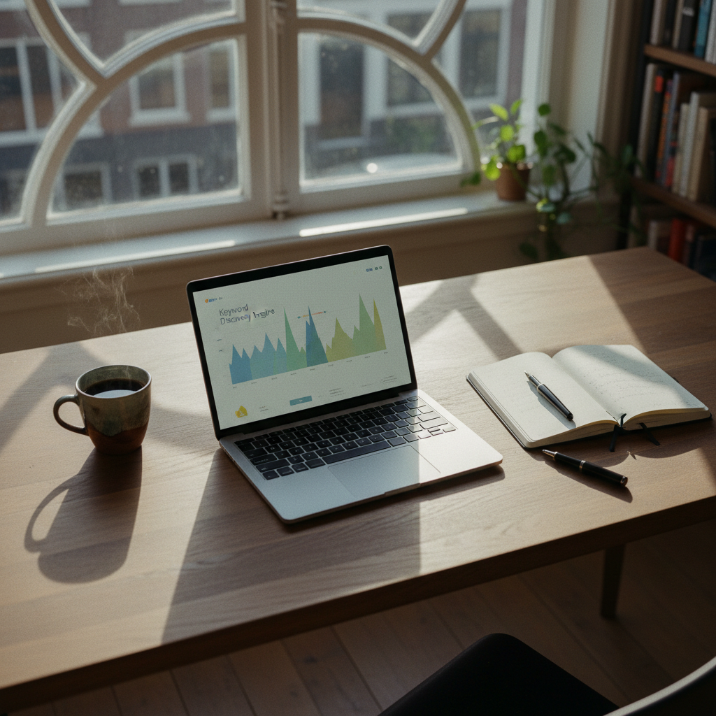 A clean, modern workspace with a computer screen showing SEO data graphs and a notebook with handwritten notes on content strategy.