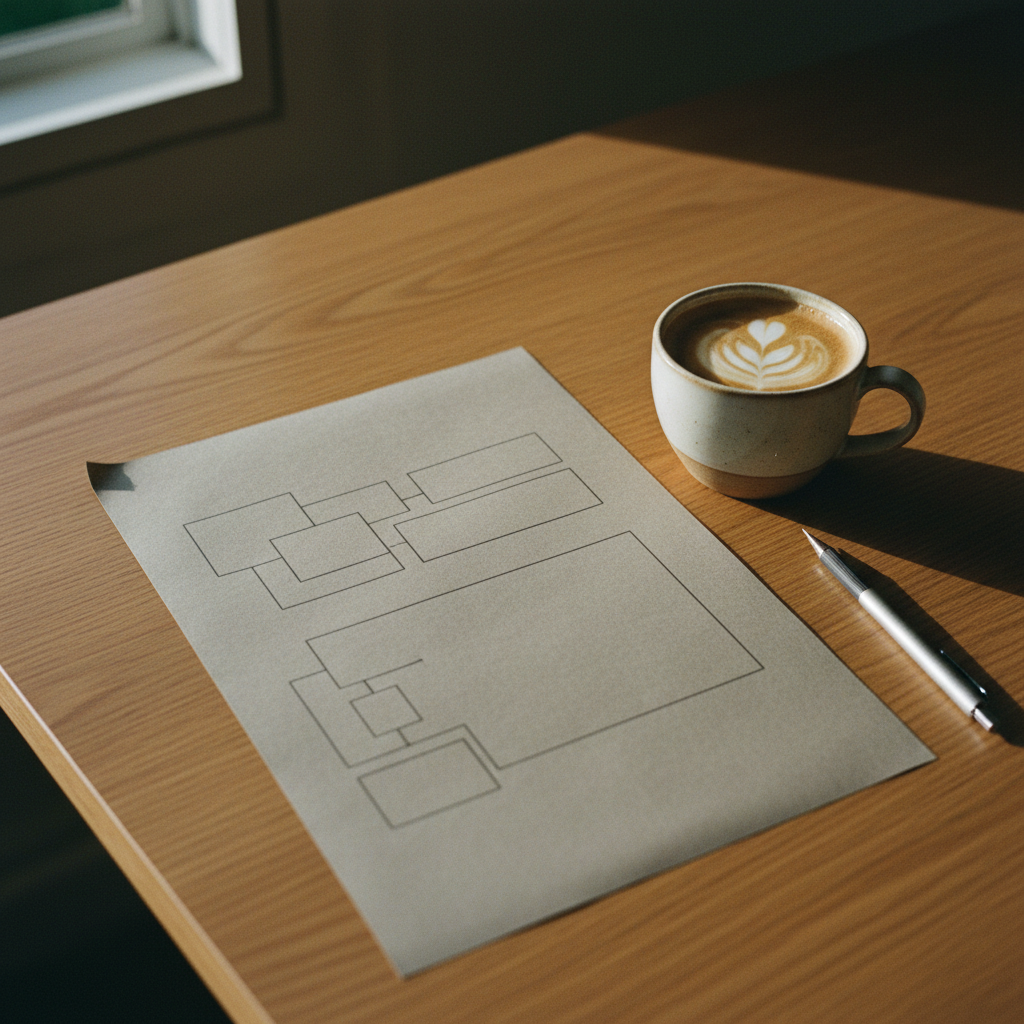 A close-up shot of a high-quality printed marketing report on a wooden desk with a black coffee and a mechanical pencil.