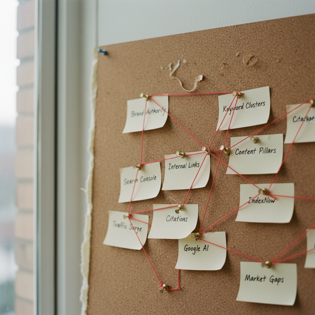 A clean, organized workspace with a physical corkboard featuring pinned architectural diagrams and connecting strings.