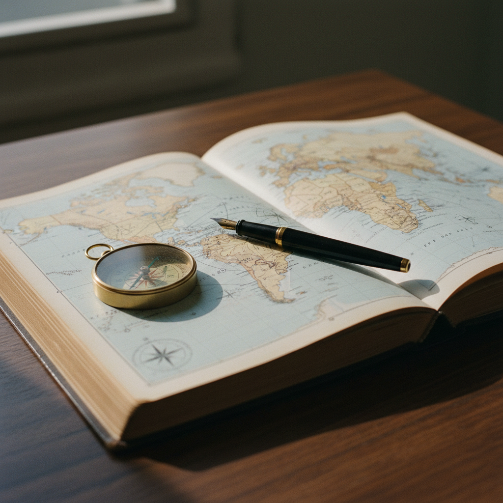 A high-end, minimalist desk with a physical world atlas, a vintage brass compass, and a collection of fountain pens on a dark oak surface.