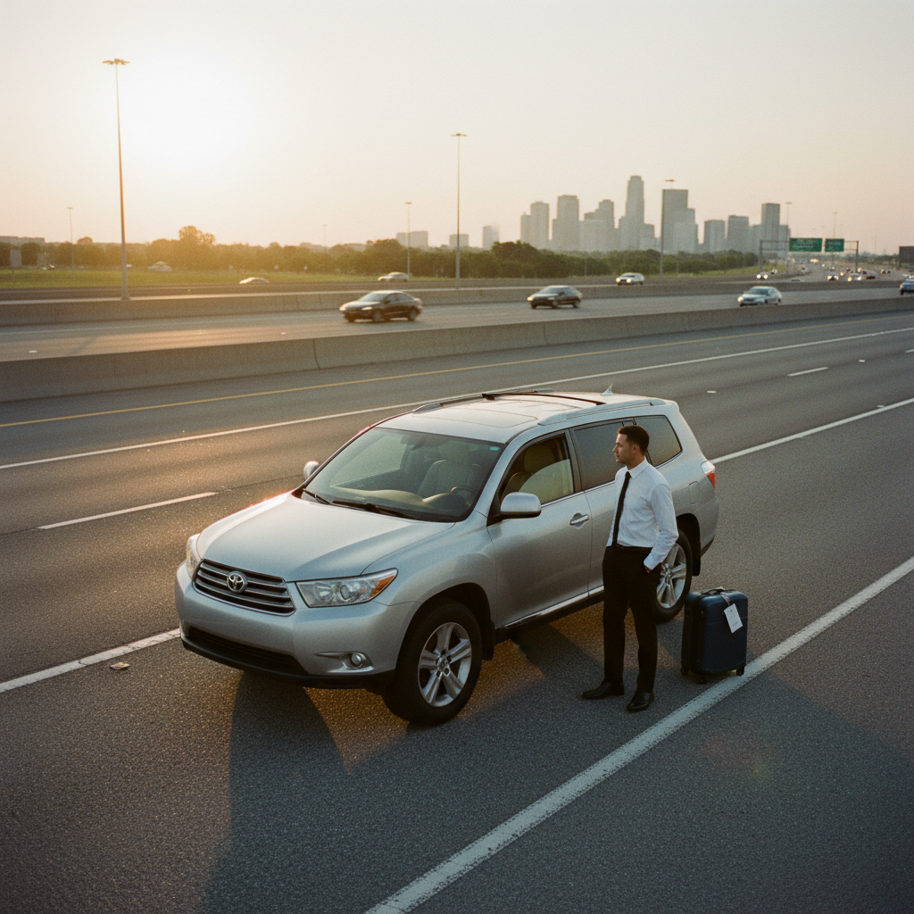 A professional driver in a clean uniform standing next to a modern silver SUV on a well-paved highway at dawn.