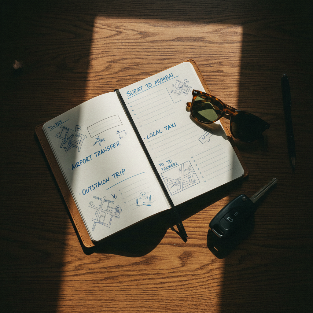 A detailed close-up of a leather-bound travel itinerary and a set of car keys on a wooden table.