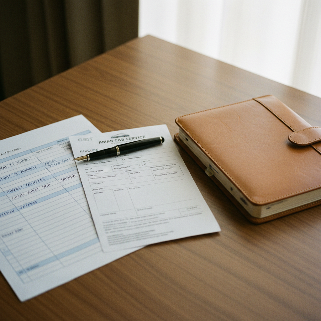 A detailed monthly corporate travel log and GST invoice resting on a wooden desk next to a leather folder.