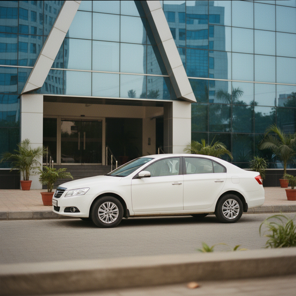 A clean, white sedan parked at a designated corporate pickup point at a modern glass office building in Surat during the morning.