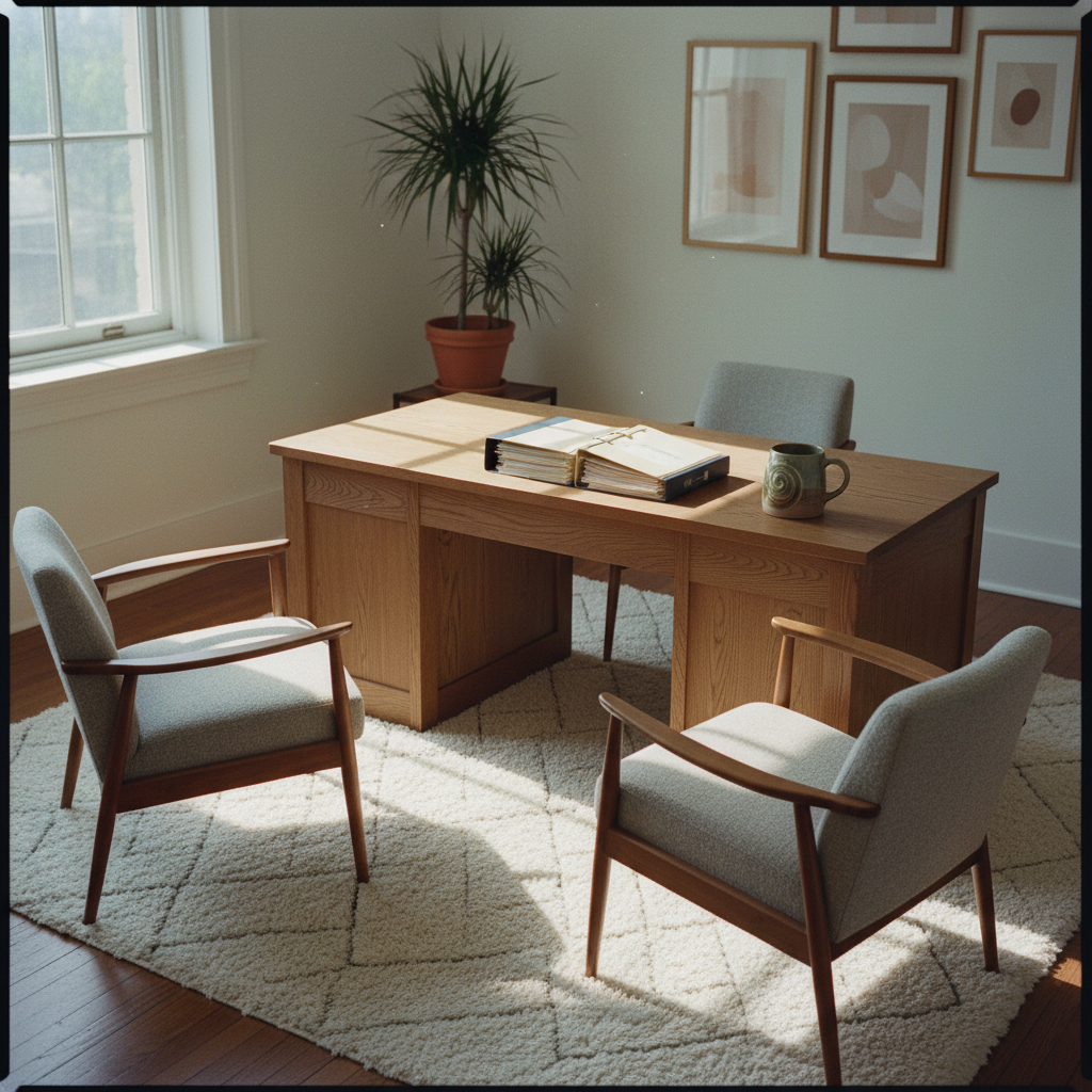 A clean, professional clinical consultation room with a wooden desk and two comfortable chairs.