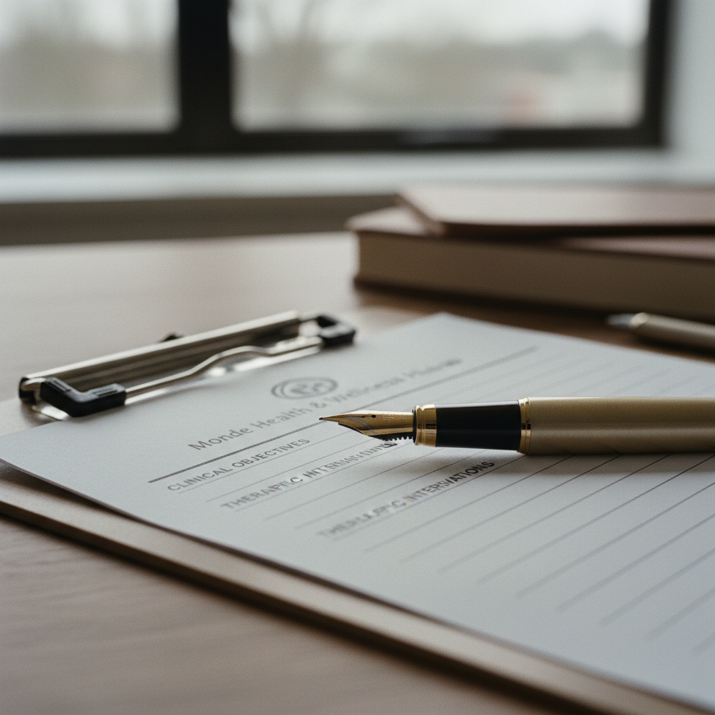 Close-up of a clinical treatment plan document on a clipboard.