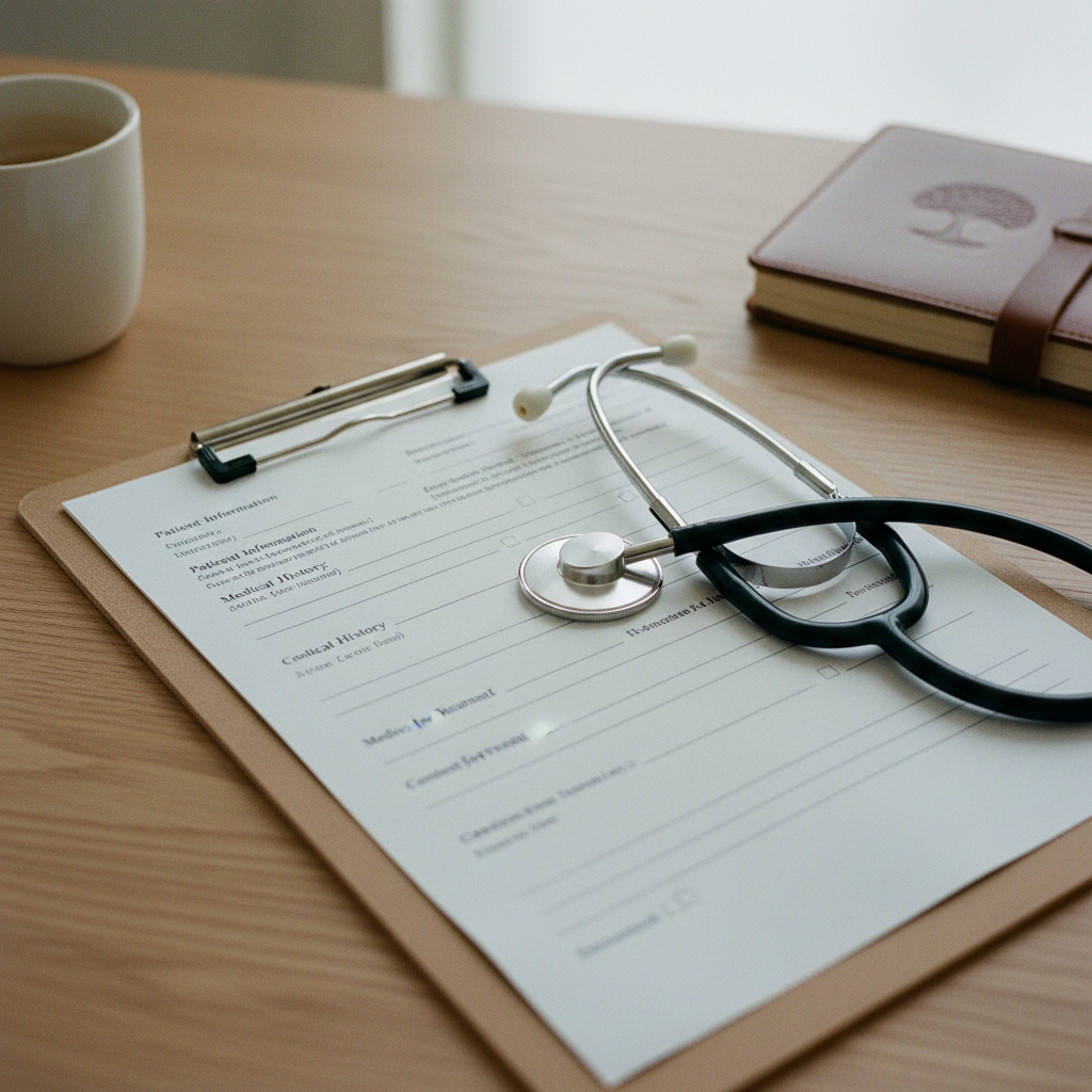 A set of medical intake forms and a professional stethoscope resting on a clean, light-colored wooden surface.