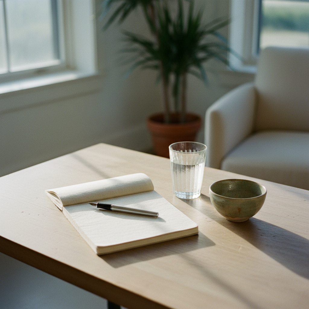 A clean, professional consultation room with a wooden table, a clinical notebook, and a glass of water, bathed in soft morning light.