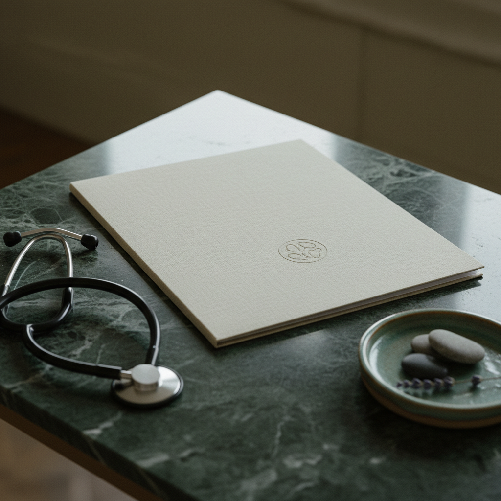 A medical file folder resting on a stone countertop next to a stethoscope.