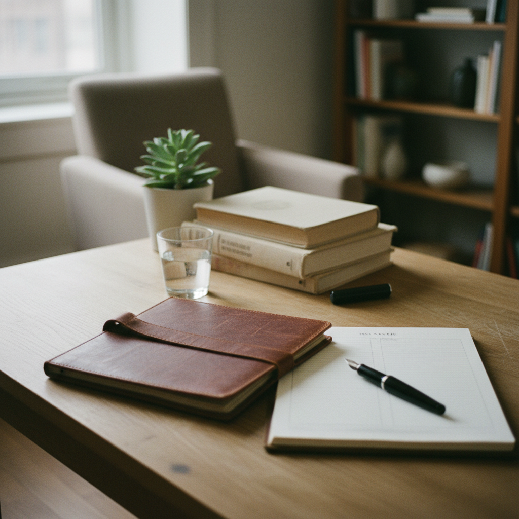 A clean, minimalist clinical consultation room with a wooden desk, a professional notebook, and soft natural light.