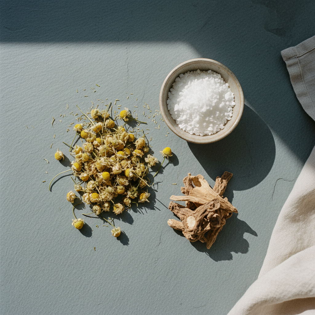 A variety of raw natural ingredients like chamomile flowers, magnesium powder, and valerian root on a stone surface.