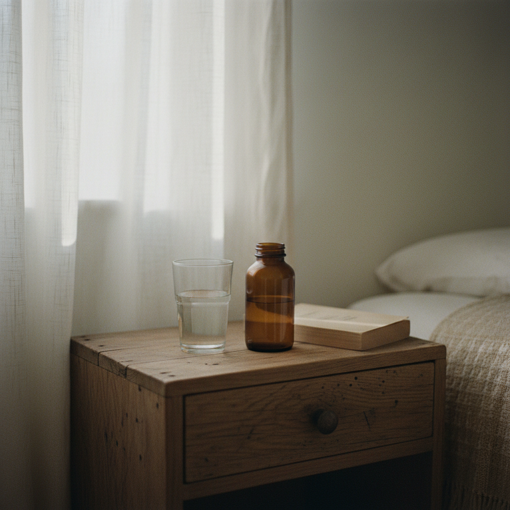 A wooden bedside table featuring a glass of water, a natural supplement bottle, and a sprig of dried lavender in soft morning light.