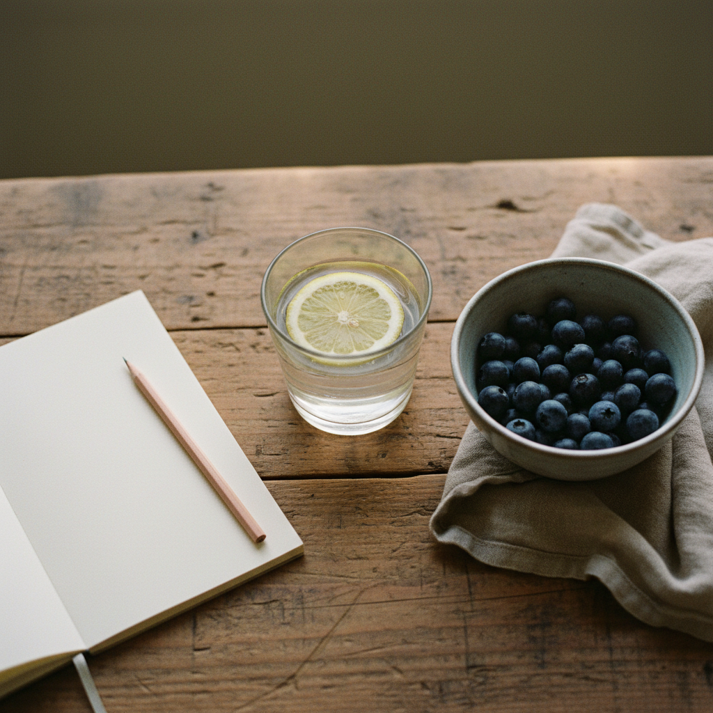 A wooden kitchen counter with a glass of lemon water, a bowl of fresh blueberries, and a notebook for meal planning in soft morning light.