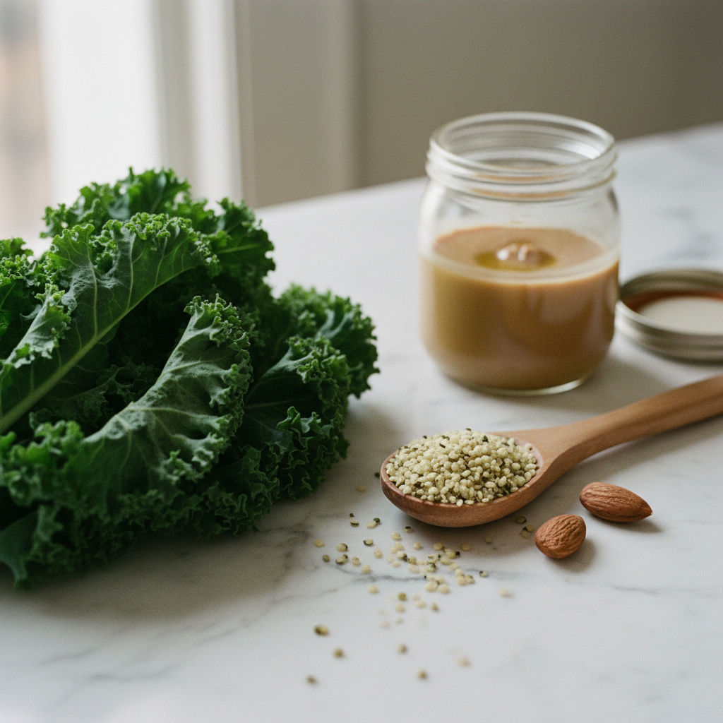 A close-up of fresh ingredients for a protein smoothie including spinach, hemp seeds, and almond butter on a marble surface.