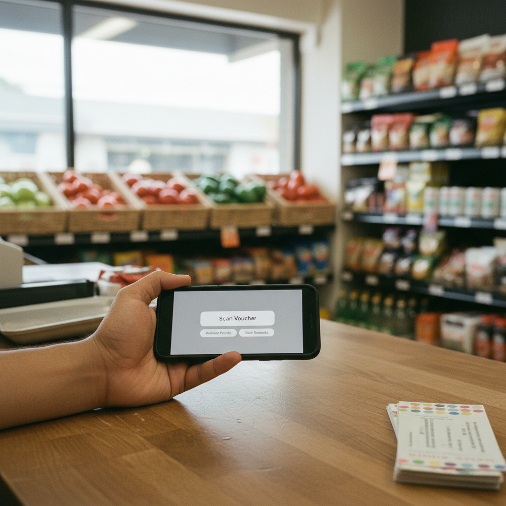 A customer in a busy Nigerian supermarket holding a smartphone and a reward voucher, preparing to scan a code.