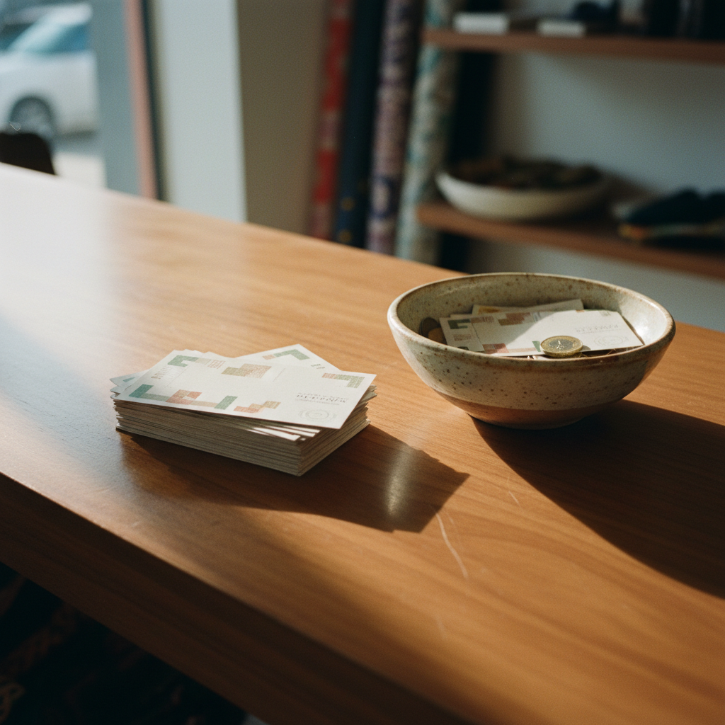 A close-up of a wooden shop counter in Lagos with a small stack of printed reward vouchers next to a bowl of kola nuts.