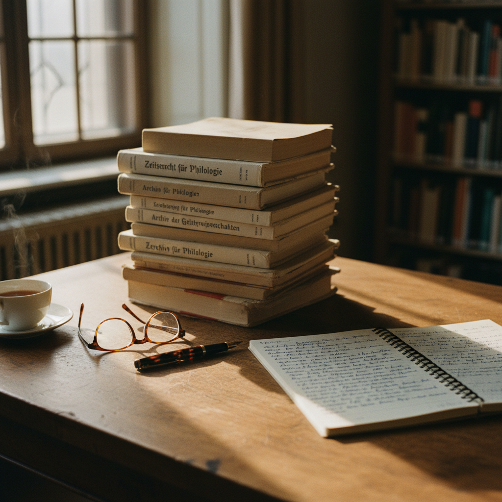 A stack of academic journals and a fountain pen on a dark wood desk in a library in Berlin.