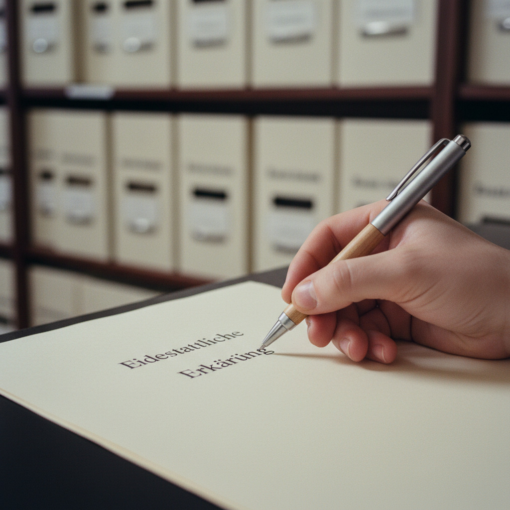 A close-up of a printed 'Eidesstattliche Erklärung' document being signed in a German university office.