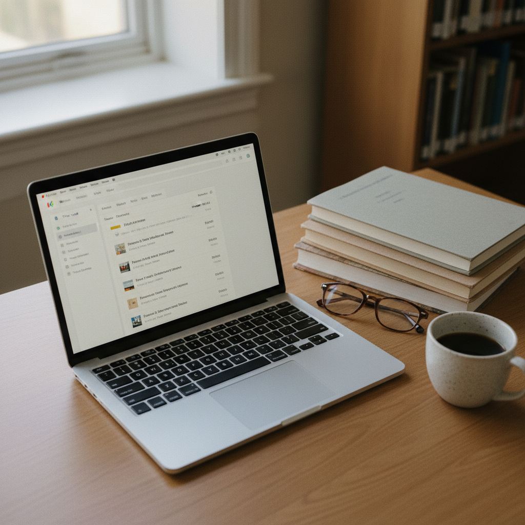 A close-up shot of a postgraduate student's desk with a stack of academic journals, a laptop displaying a research management interface, and a cup of coffee.