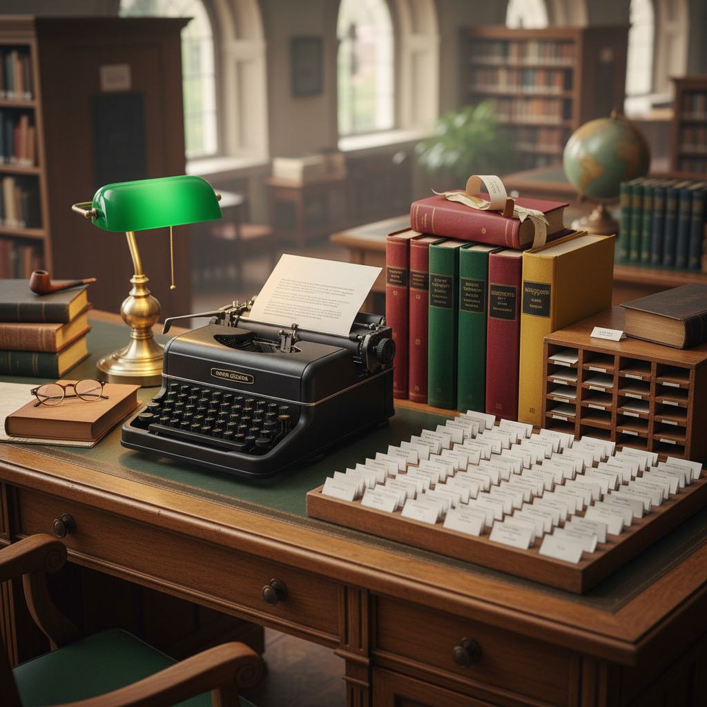 A clean, modern scholar's workstation with a typewriter, stacked leather-bound books, and meticulously organized research notes on a wooden desk.
