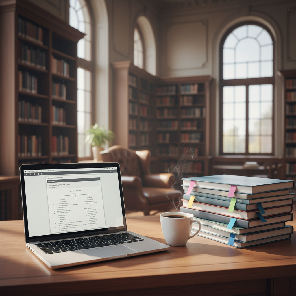 Clean, minimalist academic workspace with a leather-bound notebook, a fountain pen, and a high-end computer monitor displaying complex research data.