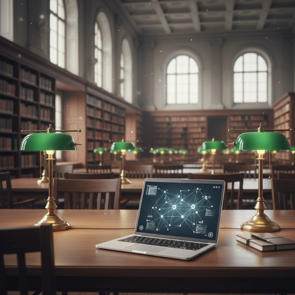 A sophisticated wood-paneled university library with a modern sleek computer displaying complex research data.