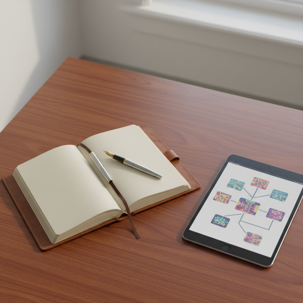 A close-up of a researcher’s desk with neatly organized notebooks and a digital tablet showing a thesis structure.