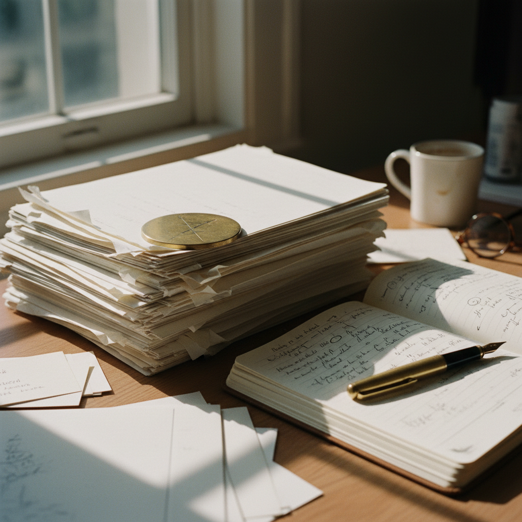 A wooden desk with a stack of academic journals, a silver fountain pen, and a pair of reading glasses in soft morning light.
