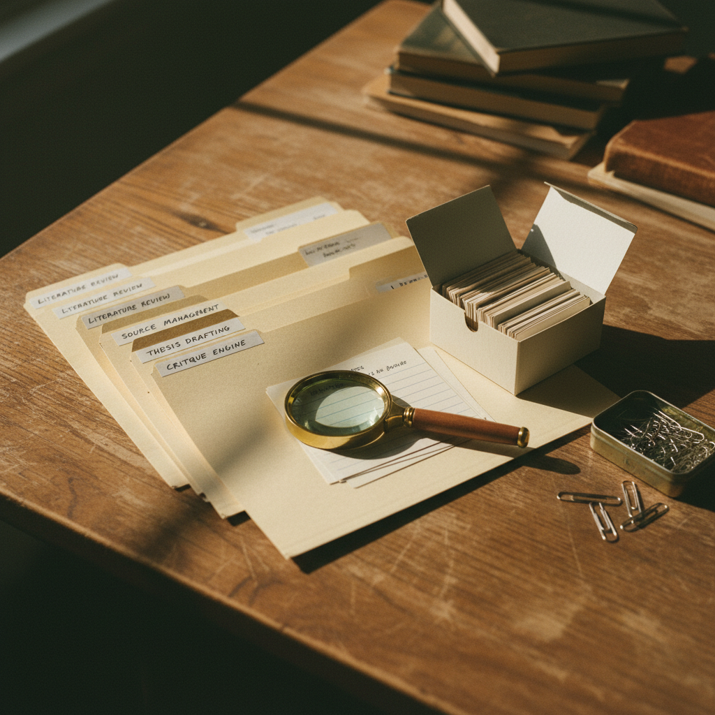 A collection of color-coded filing folders and index cards arranged neatly on a dark oak table.