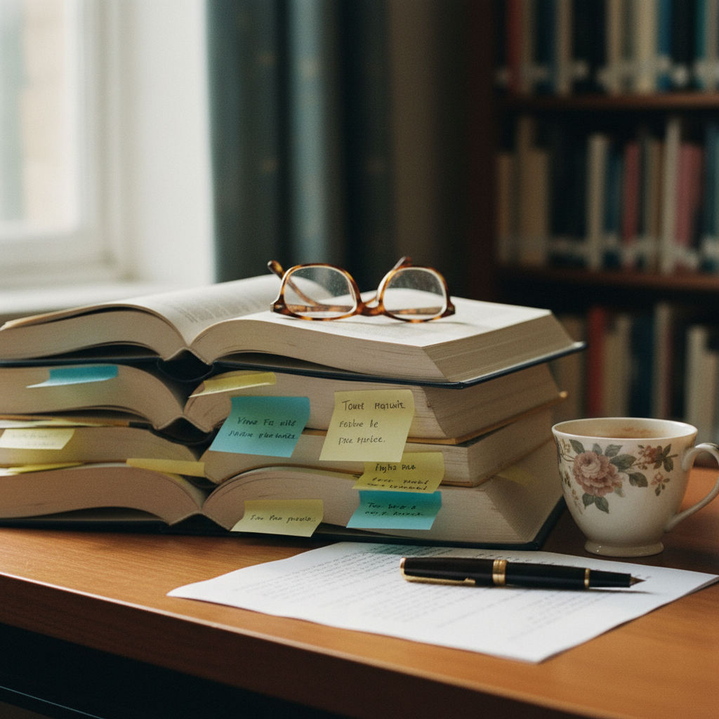A wooden desk with a stack of academic journals, a fountain pen, and a typed manuscript.