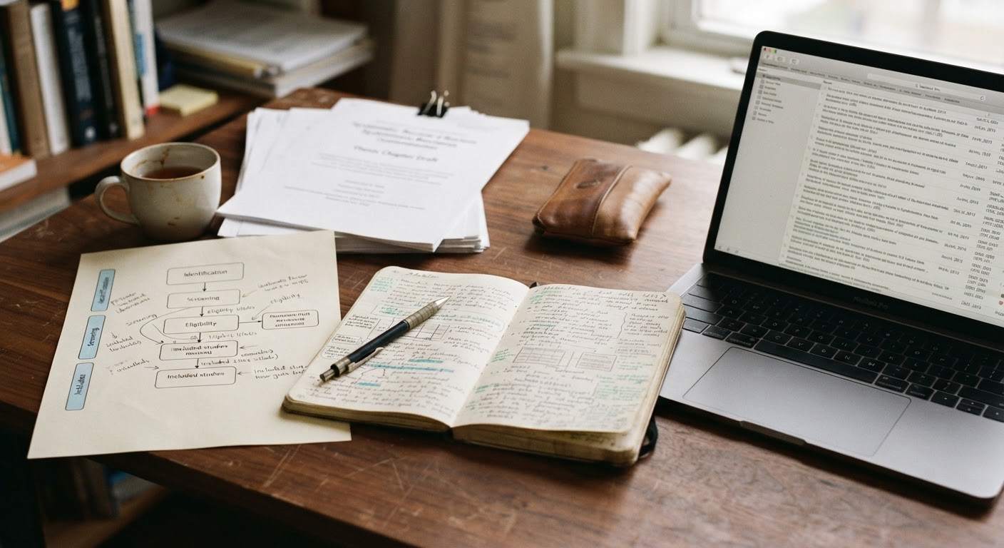 Split layout of printed research protocol documentation beside modern reference management software