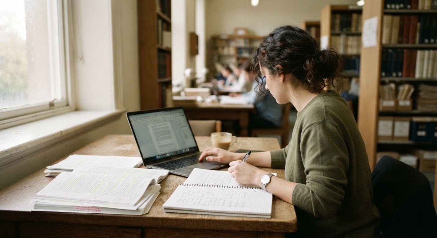 Graduate researcher examining printed academic journals and open laptop with research database interface in a university library