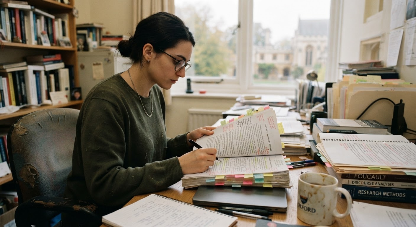 Doctoral student preparing thesis defense materials with annotated manuscripts and study notes