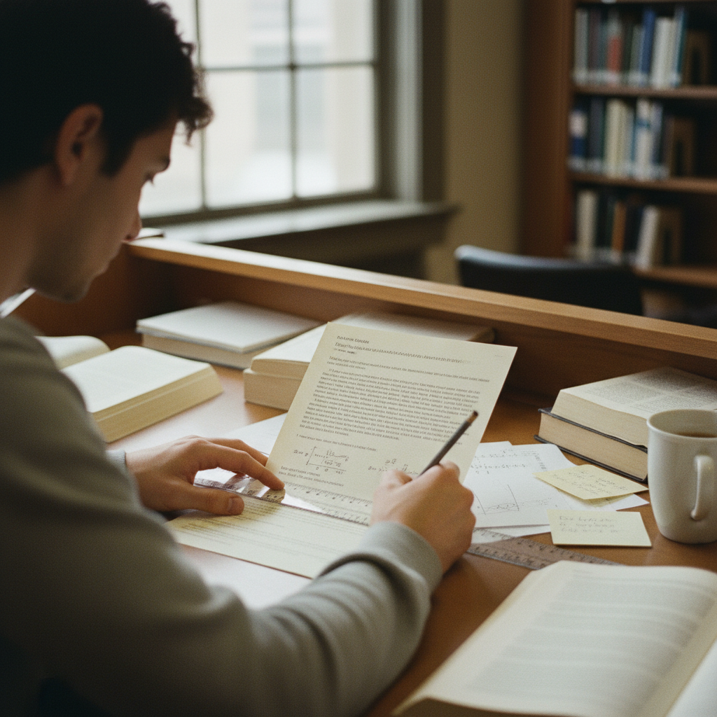 A researcher highlighting a passage in a physical academic paper with a translucent ruler and pencil.