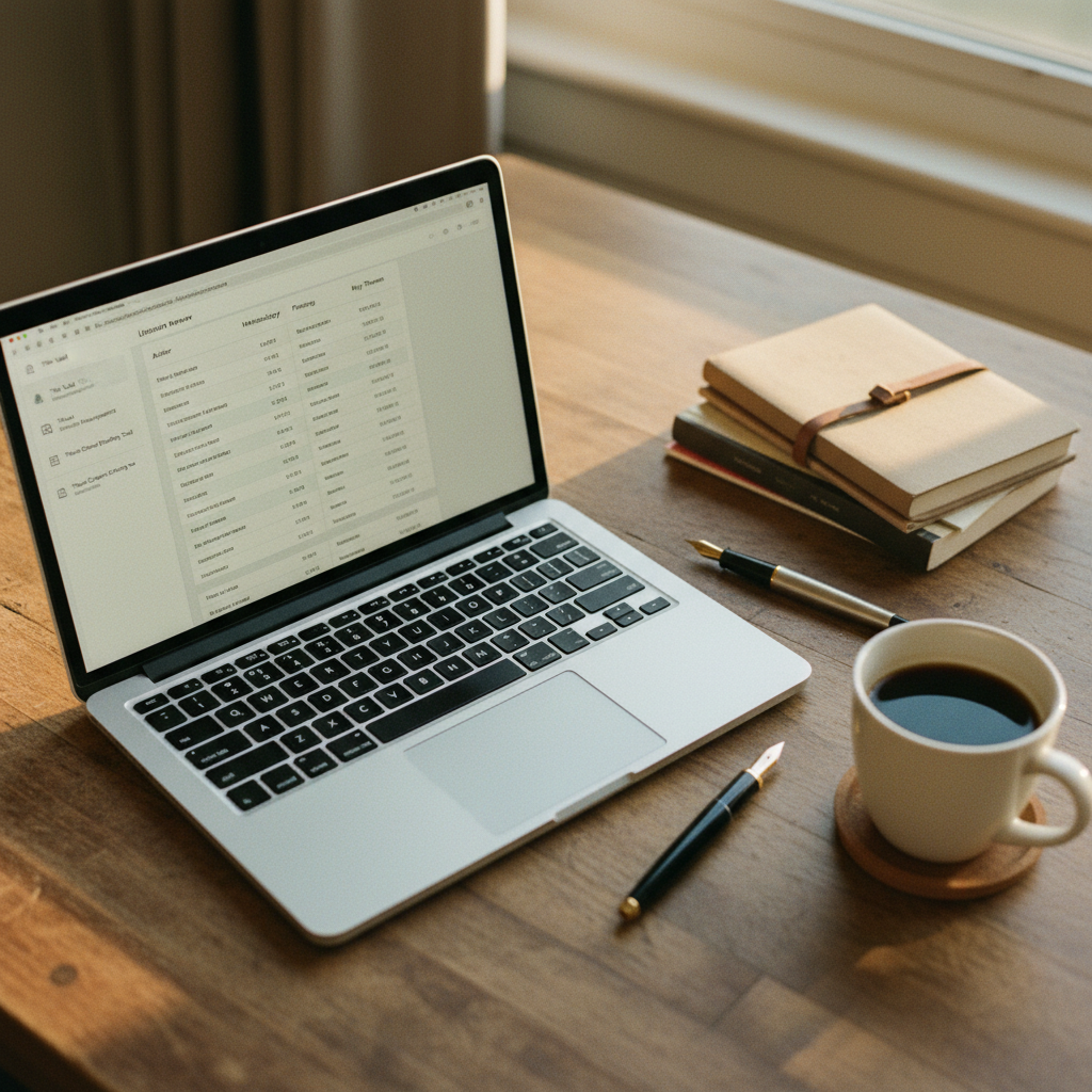 A close-up shot of a researcher's desk with a stack of academic journals, a laptop displaying a structured data table, and a cup of coffee.