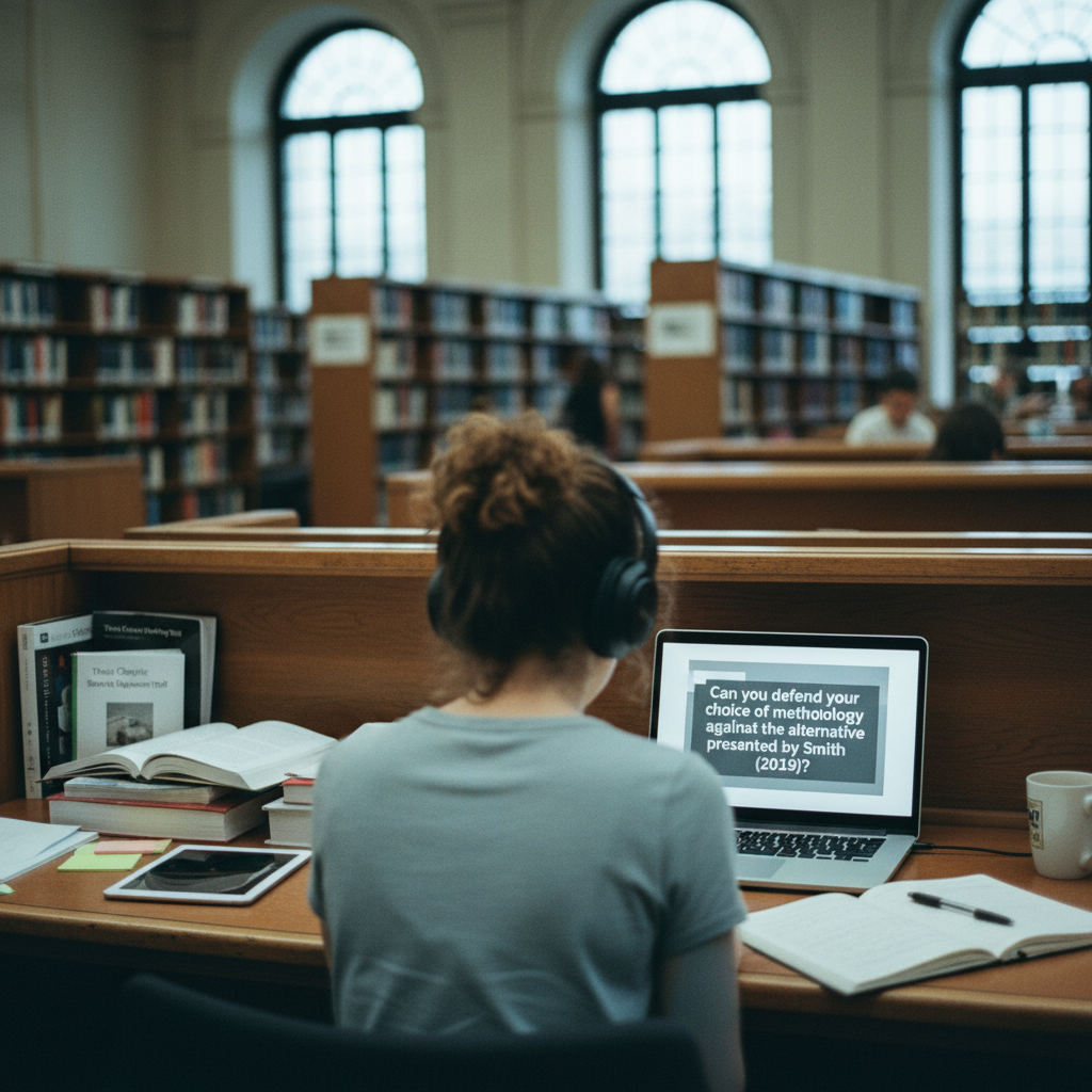 A student seen from behind, sitting in a library carrel and wearing headphones while looking at a laptop screen showing a simulated defense question.