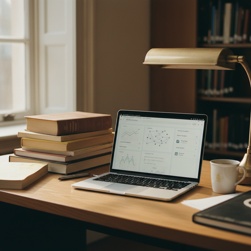 A close-up of a graduate student's desk with a stack of academic journals, a laptop displaying a research management interface, and a cup of coffee.