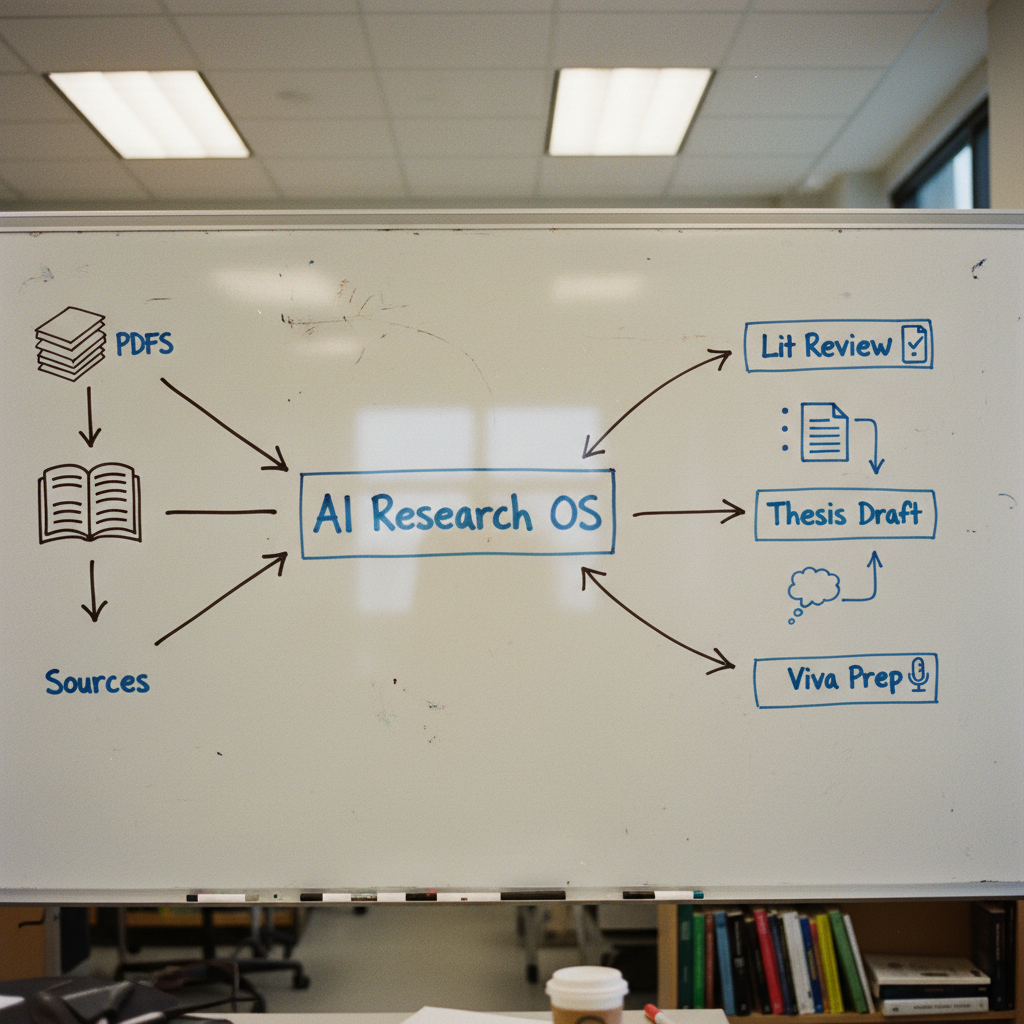 A diagram on a whiteboard illustrating the flow from literature sources to a final thesis document through an integrated system.