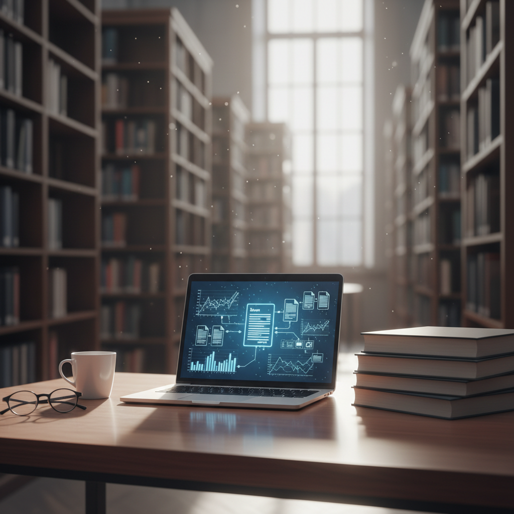 A professional academic workspace with a high-end computer showing a complex research map and a stack of scholarly journals.