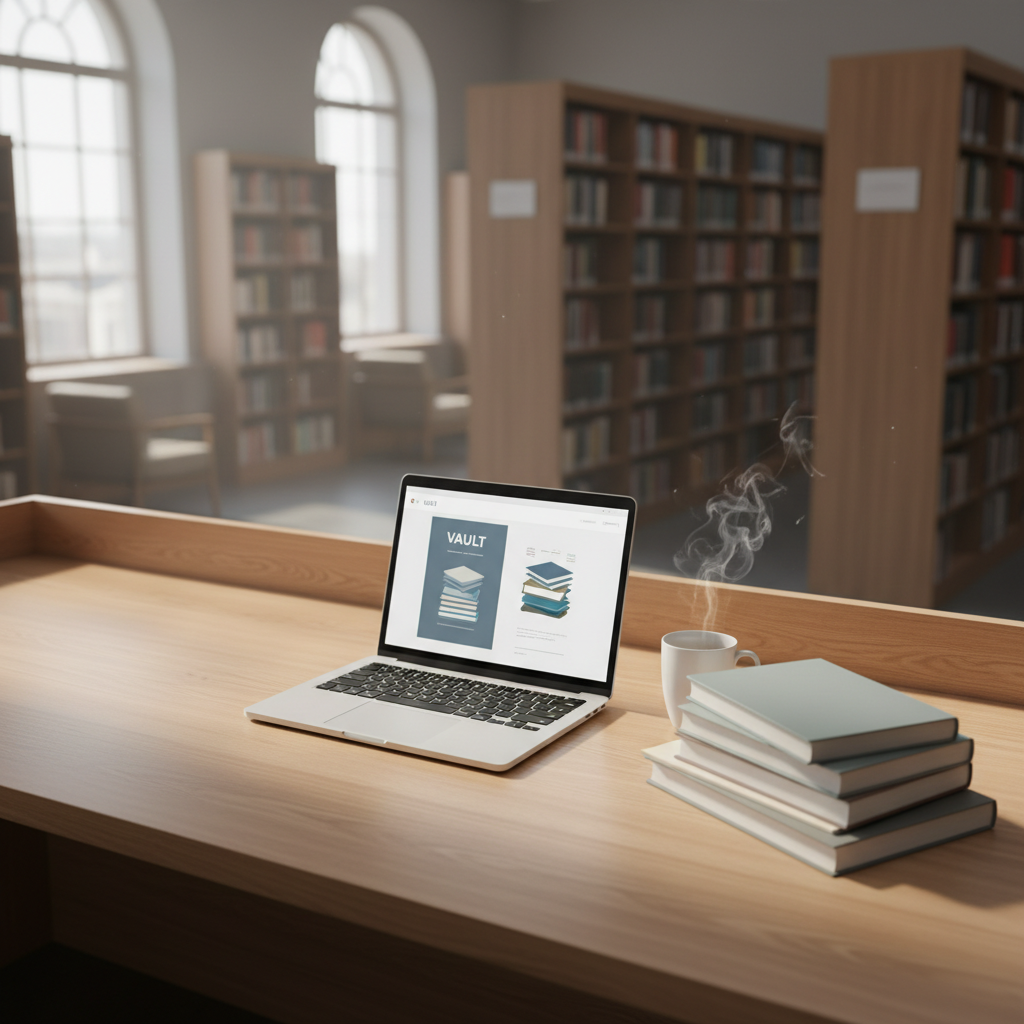 A focused PhD student in a library using a modern computer terminal showing a split screen of research papers and a drafting interface.