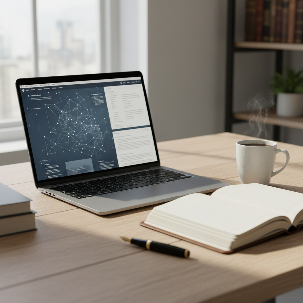 A clean, modern academic workspace with a laptop showing a complex research dashboard and a notebook for planning.