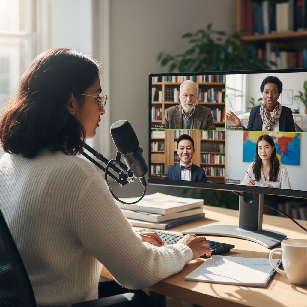 A split screen visual showing a person presenting a digital thesis defense to a panel of virtual experts.