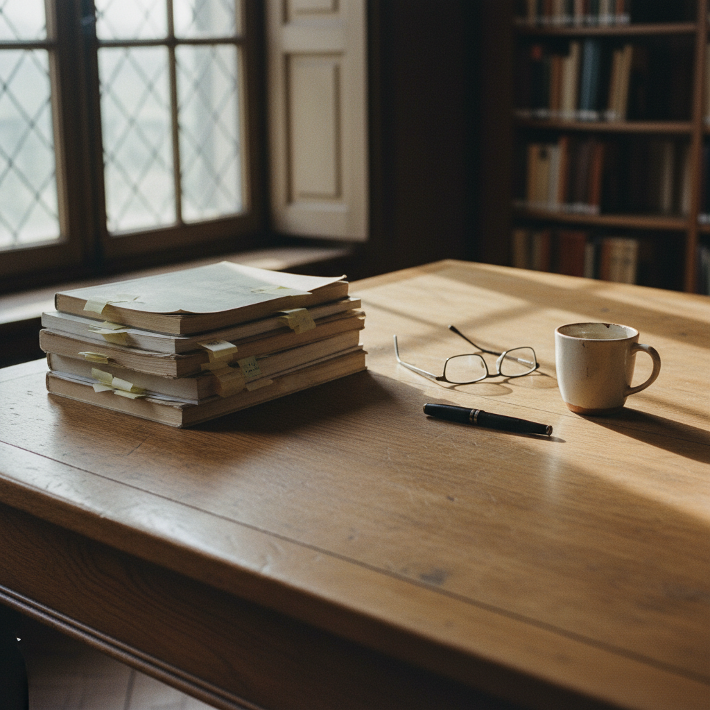 A high-angle shot of a wooden desk in a quiet French university library with a stack of academic journals, a fountain pen, and a pair of spectacles.