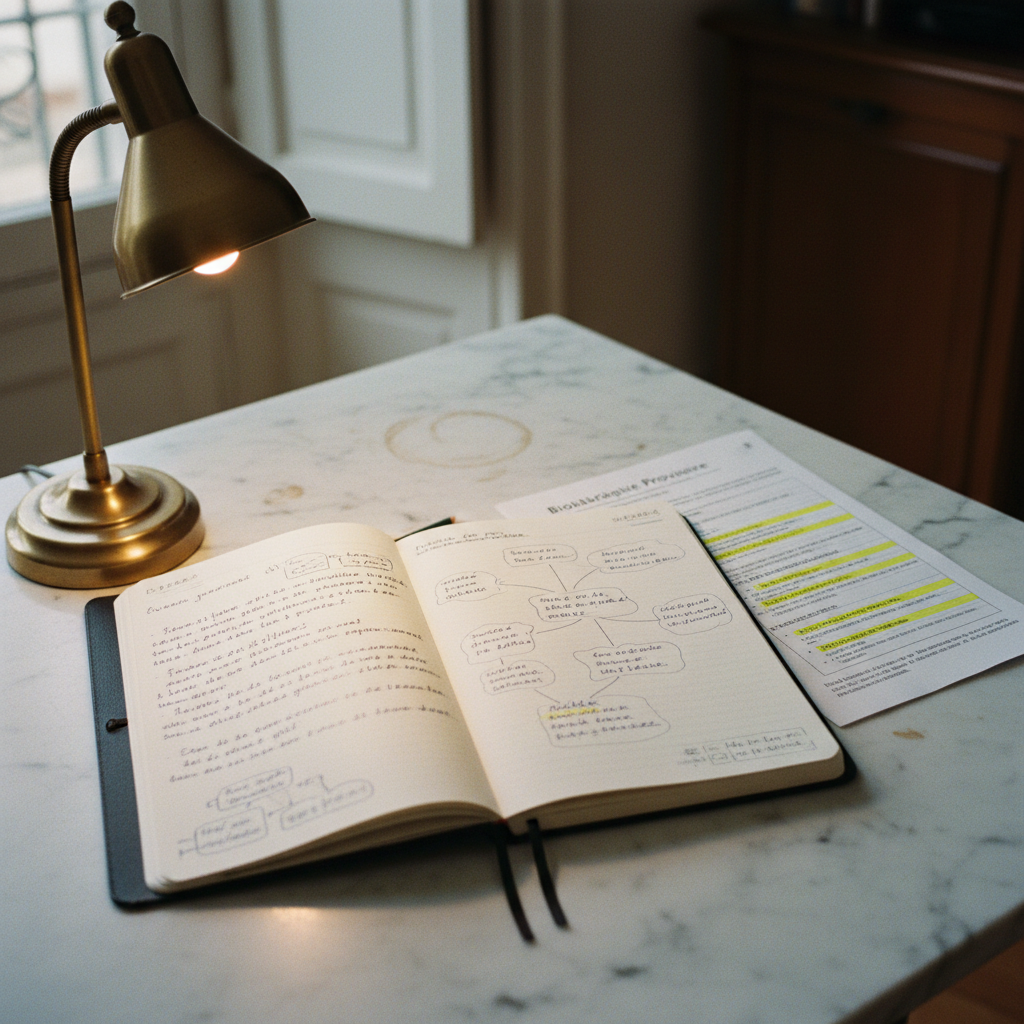 A close-up of a researcher's notebook featuring handwritten notes in French alongside a printed bibliography.